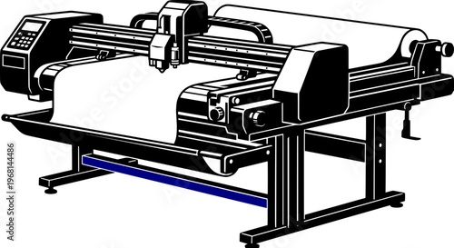 Industrial large format vinyl cutter plotter machine. Vector illustration of professional printing and cutting equipment for signage.