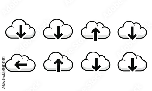 Weather icons cloud silhouettes with arrows representing atmospheric direction and precipitation
