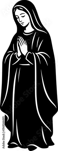 Biblical Virgin Mary in prayer. Black and white vector illustration of the Blessed Mother praying, standing in a traditional veil and cloak. Religious christian icon.