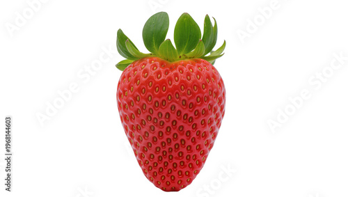 Ripe red strawberry with green leaves, isolated on transparent background