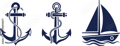 Set of nautical icons with anchors and a sailboat