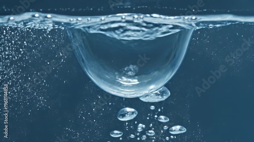 A close-up abstract shot captures a large water droplet forming mid-air with many tiny bubbles