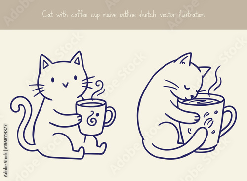 Naive outline sketch vector illustration of a cute cat holding and smelling a steaming cup of coffee with a playful and happy expression.