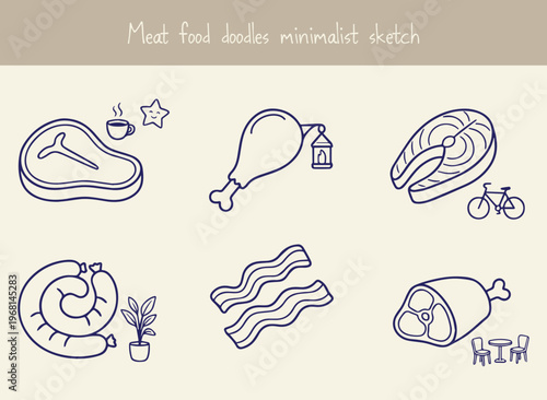Meat food doodles minimalist sketch including steak chicken drumstick salmon fillet sausage bacon strips and ham leg in dark blue line art on neutral background for butcher and cooking themes.