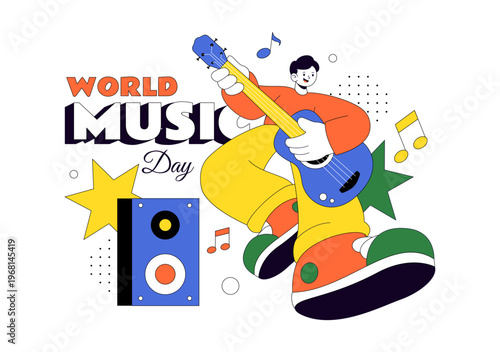 World Music Day Vector Illustration With Guitar And Saxophone Players, Musical Notes, Live Performance Celebration And Creative Sound Design