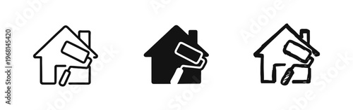 House painting icons set: outline, solid, and hand-drawn styles for home renovation and maintenance concepts.