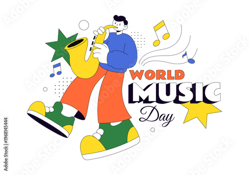 World Music Day Vector Illustration With Guitar And Saxophone Players, Musical Notes, Live Performance Celebration And Creative Sound Design