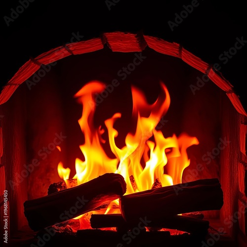 A close-up of a roaring fire in a hearth, flames leaping upwards,  hearth,  warm