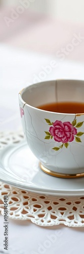 A cracked ceramic teacup with a floral pattern sits beside a saucer on a doily,  china,  porcelain
