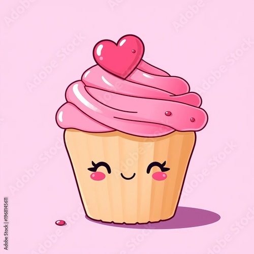Adorable pink cupcake vector art with a heart topper Sweet, cute cartoon, perfect for designs,  heart,  vector