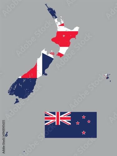 New Zealand political vector map design with flag. Islands of New Zealand country showing territory of geographical border