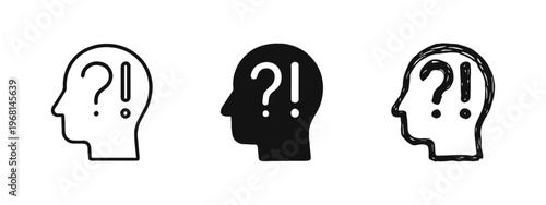Head with question and exclamation mark icons set: outline, solid, and hand-drawn styles for problem-solving and ideas.