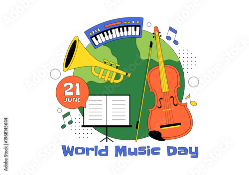 World Music Day Vector Illustration With Guitar And Saxophone Players, Musical Notes, Live Performance Celebration And Creative Sound Design