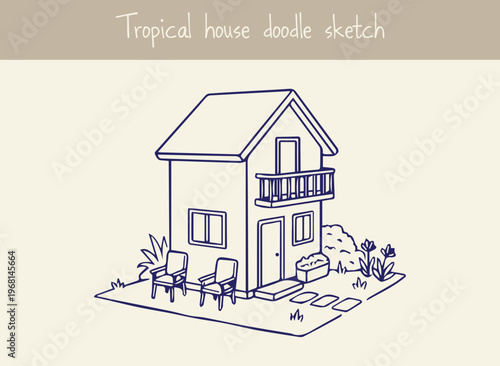 Simple line drawing sketch of tropical house with balcony and two chairs in front yard surrounded by plants and flowers vacation home illustration.