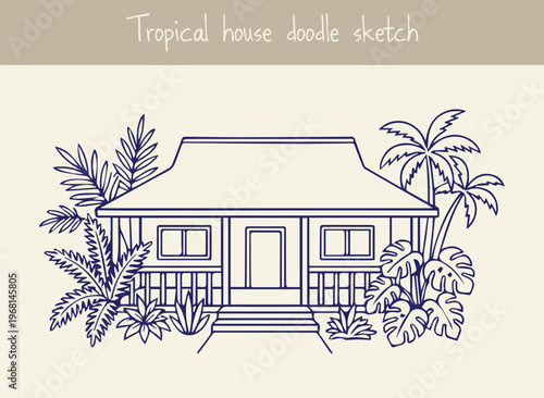 Front view of traditional tropical bungalow with porch and palm trees surrounding it drawing simple bungalow sketch vacation home design.