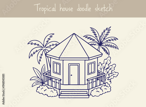 Hexagonal tropical house with wrap around porch and tropical foliage sketch doodle art illustration simple vacation home design drawing.