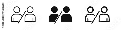 Two people with strike-through line icons set: outline, solid, and hand-drawn styles for exclusion or social distancing.