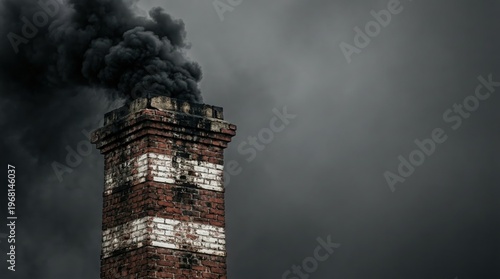 Old Brick Chimney Emitting Thick Black Smoke Over Gloomy Sky, Industrial Pollution And Soot