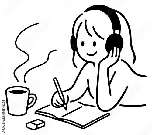 Girl studying with headphones illustration