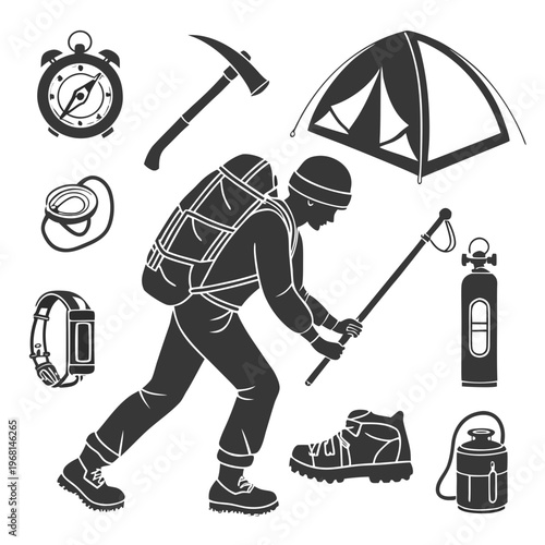 Hiking Adventure and Extreme Trekking Silhouette Set with Alpinist, Camping Gear, and Survival Equipment Icons