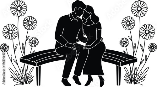 Black silhouette illustration of two people sitting closely on curved bench surrounded by tall flowers, symbolizing intimacy, romance, love, and peaceful garden design themes