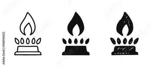 Gas burner with flame icons set: outline, solid, and hand-drawn styles for cooking, heating, and natural gas energy.