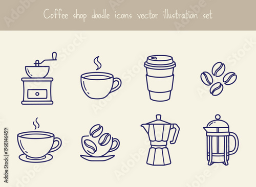 Coffee shop doodle icons vector illustration set featuring coffee grinder, steaming cup, disposable cup, coffee beans, espresso maker, and french press, hand-drawn outlines.