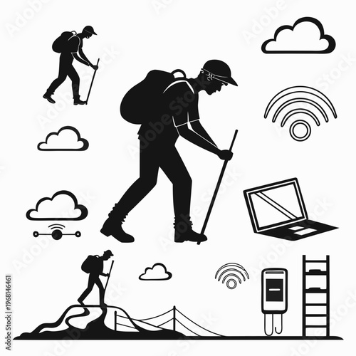 Hiking and Outdoor Adventure Icon Set with Silhouettes of Trekkers, Technology Symbols, and Nature Elements