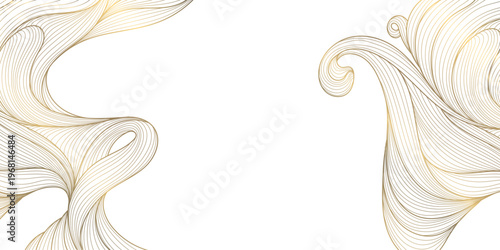 Luxury abstract gold wave pattern, elegant line art on white background. Japanese and Chinese vector design, smooth curves, flowing silk texture, premium frames, wallpapers, fabric prints.