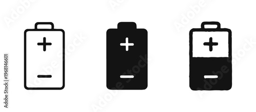 Battery icon set. Full, charged, and low power cell symbols in outline, solid, and doodle style for energy status.
