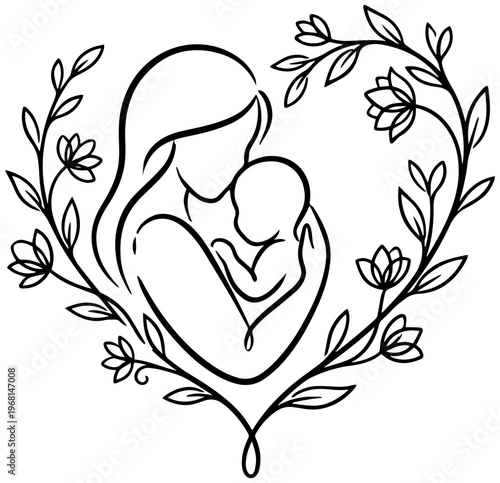 Loving mother holding baby surrounded by floral heart wreath