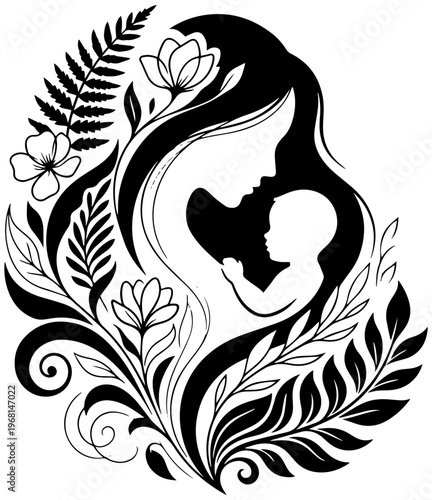 Loving mother embracing baby surrounded by lush greenery and flowers