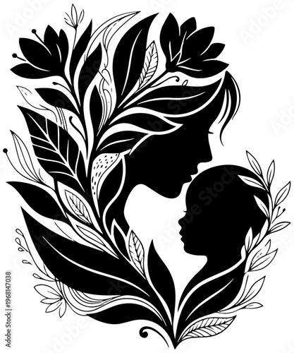 Mother and child silhouettes surrounded by lush foliage in elegant design