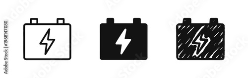 Car battery or power storage icon set. Lightning bolt on battery symbols in outline, solid, and doodle style for electricity.