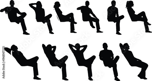 Collection of ten black silhouettes of seated human figures in relaxed casual sitting poses, ergonomic study illustration design for lifestyle, posture, fitness, and creative projects