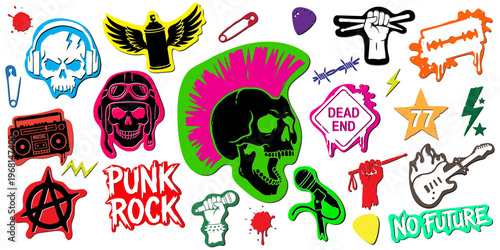 Punk rock subculture vector silhouettes and stickers set. Grungy collection of skulls with mohawks, anarchy symbols, musical instruments, and rebel lifestyle icons isolated