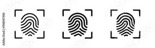 Fingerprint scan icon set. Biometric security or identification symbols in scanning frame in outline, solid, and doodle style.