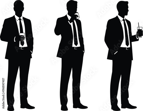 Black silhouette business professionals in suits holding drinks and glasses, casual corporate posture, professional attire illustration design