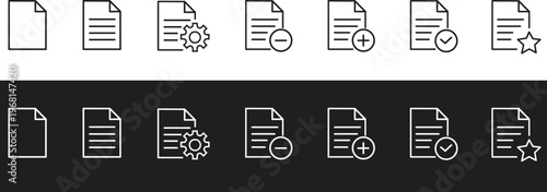 Document icons set line art depicting files settings and progress