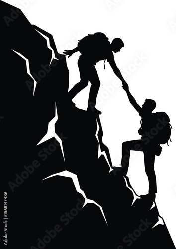 Black silhouette climbers on steep rock face helping each other, teamwork, hiking, mountaineering adventure illustration design