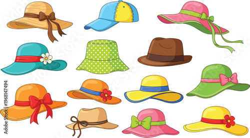 Collection of twelve colorful hats in diverse styles including sun hats, baseball cap, bucket hat, and fedora, showcasing fashion accessories, headwear design, and decorative details