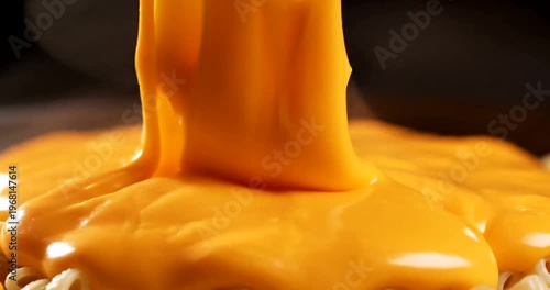 Caramel sauce pouring on food.