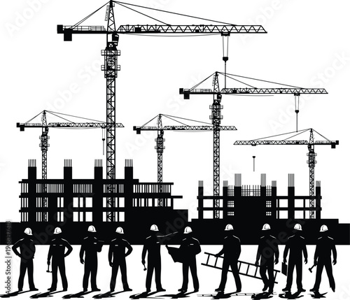 Black silhouette construction site with workers, tower cranes, unfinished buildings, teamwork, industrial infrastructure building illustration design