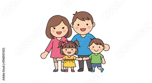 A cheerful cartoon family illustration showing a mother, father, daughter, and son holding hands, representing happiness, unity, and parental love