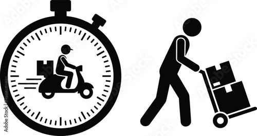 Black silhouette delivery service icons with scooter express shipping and hand truck package handling illustration design