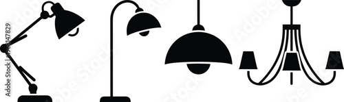 Black silhouette lamps and light fixtures including desk lamp, floor lamp, pendant lamp, chandelier interior design illustration
