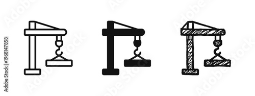 Construction Crane Lifting Load Icon Set. Heavy machinery symbols for building sites and industrial development.
