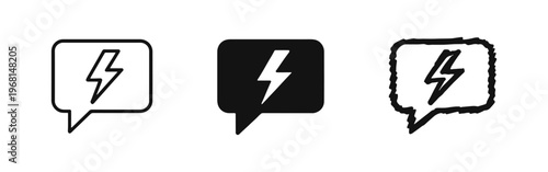 Urgent Message or Quick Idea Speech Bubble Icon Set. Chat symbol with lightning bolt for instant communication.
