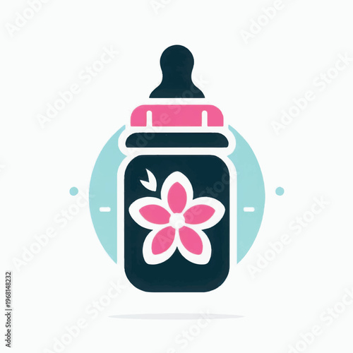 Cute Baby Bottle Icon with Flower Design. Vintage Textured Vector Illustration for Newborn and Childcare Branding.