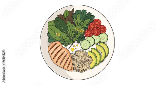 A vibrantly arranged wholesome meal featuring grilled chicken, fresh greens, and nutritious grains